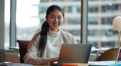 Asian girl, portrait and designer in office with laptop for ui design for creative company or agency and happy for career. Woman and digital technology for prototyping, wireframing and interface work