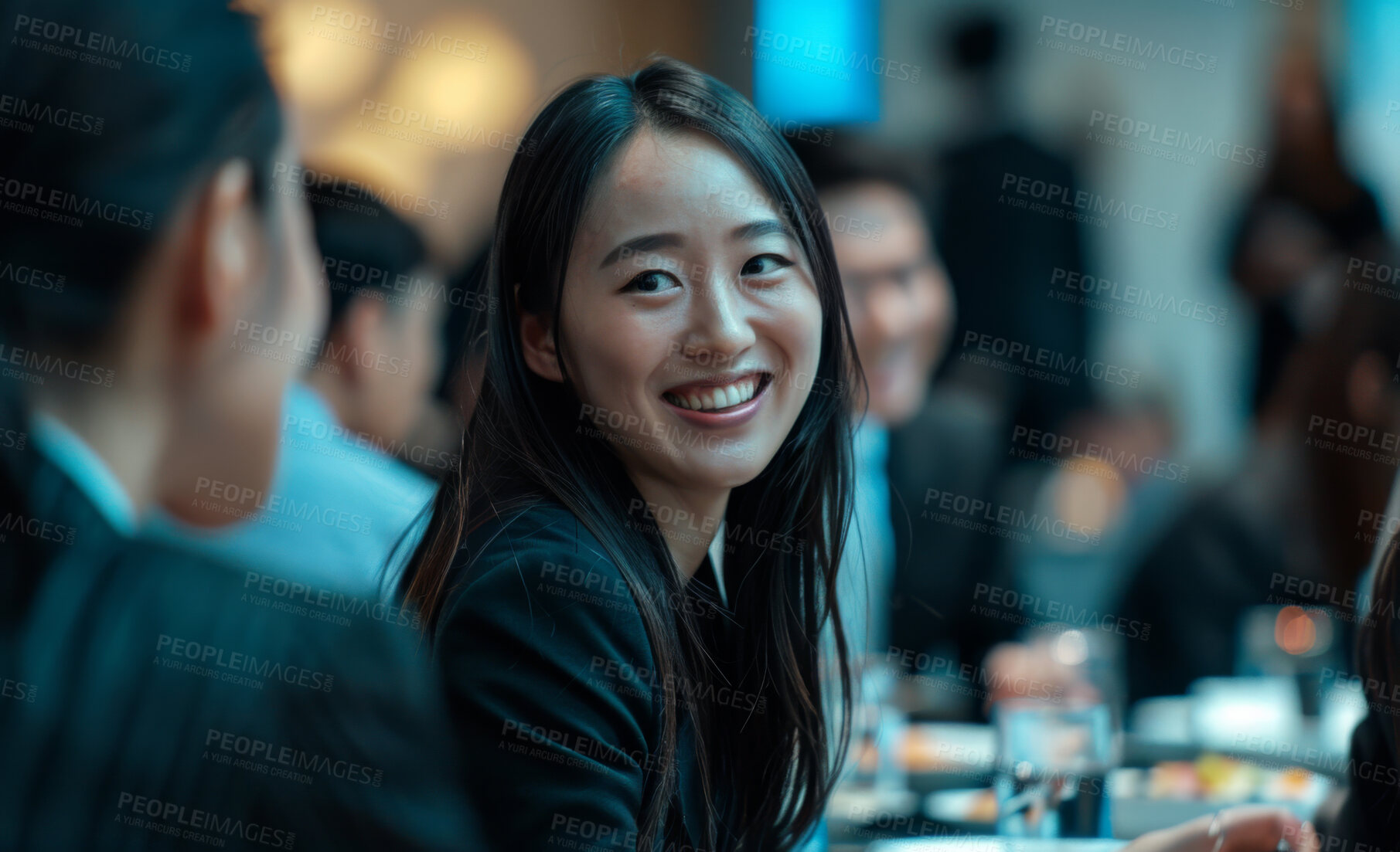 Buy stock photo Face, happy and business asian woman in office with colleague for meeting, discussion or planning. Collaboration, talking or smile and employee in corporate workplace with professional coworker