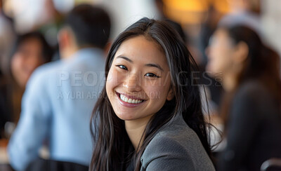 Portrait, smile and business asian woman in office with colleague for meeting, discussion or planning. Boardroom, face and training with happy employee in corporate workplace upskill development