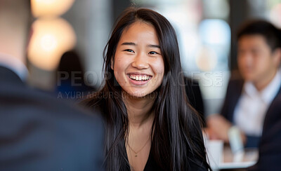Face, smile and business asian woman in office with colleague for meeting, discussion or planning. Collaboration, talking and happy employee in corporate workplace with professional coworker
