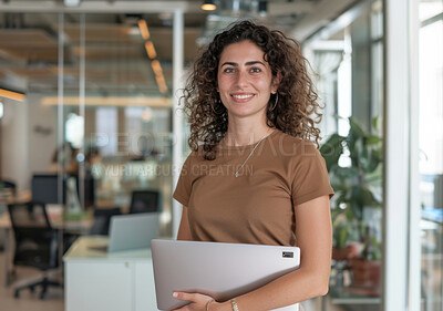 Happy, laptop and portrait of woman in office with creative research project for startup company. Smile, confident and female graphic designer with computer working for small business in workplace.