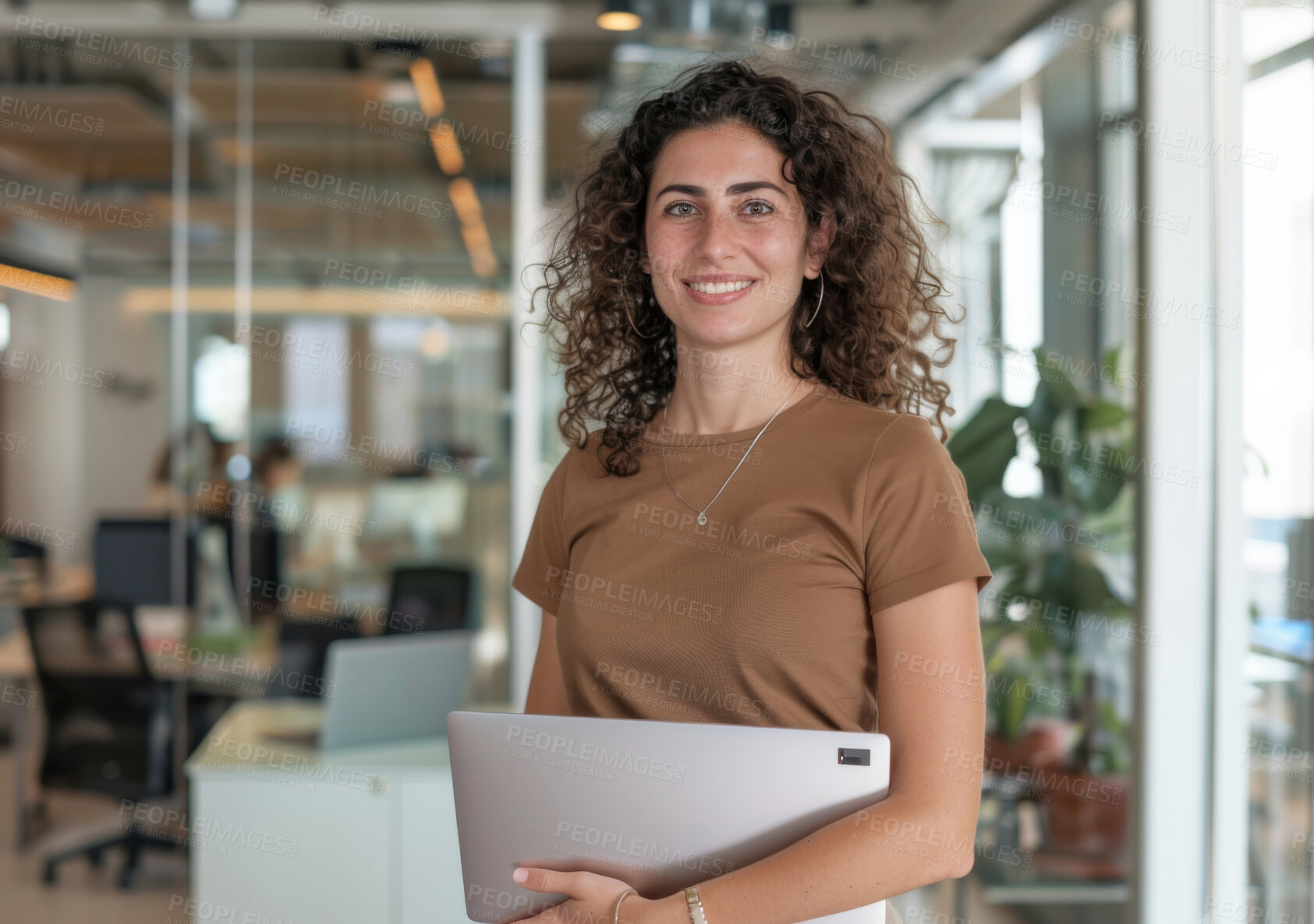 Buy stock photo Happy, laptop and portrait of woman in office with creative research project for startup company. Smile, confident and female graphic designer with computer working for small business in workplace.