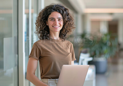 Smile, laptop and portrait of woman in office with creative research project for startup company. Happy, confident and female graphic designer with computer working for small business in workplace.