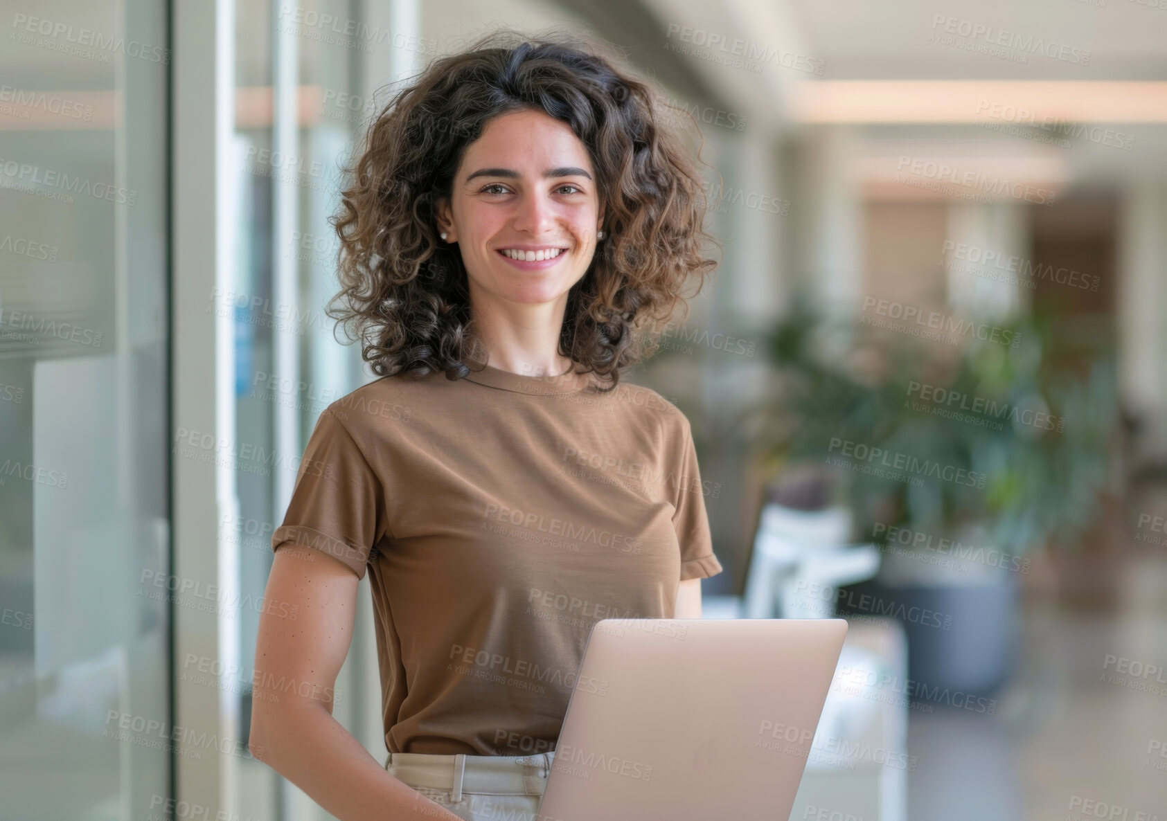 Buy stock photo Smile, laptop and portrait of woman in office with creative research project for startup company. Happy, confident and female graphic designer with computer working for small business in workplace.