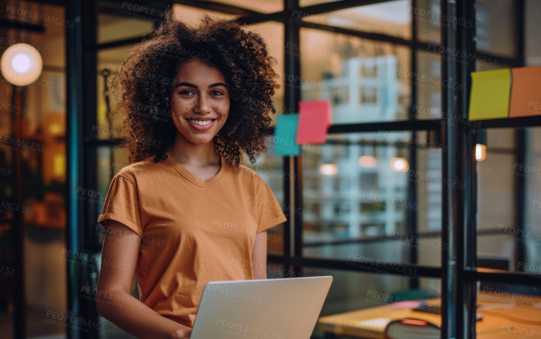 Buy stock photo Night, laptop and portrait of woman in office with creative research project for startup company. Smile, confident and female graphic designer with computer working for small business in workplace.