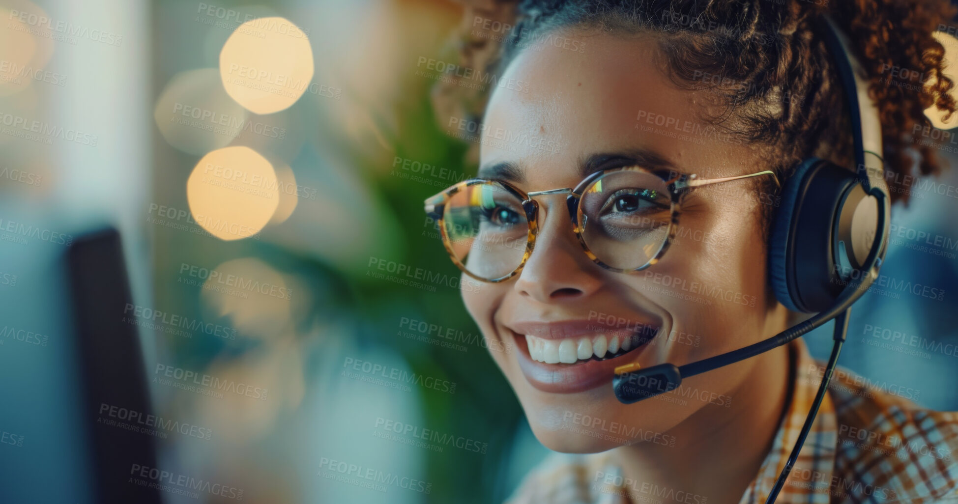 Buy stock photo Woman, headset and working in office and help desk, callcenter agent or consultant in workspace for telesales. Smile, career and telemarketing in customer support, communication service in business