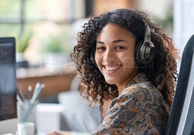 Woman, portrait and headphones for remote work from home office with smile for music streaming on web. Person, writer and listen with audio tech for inspiration in freelance job for creative agency