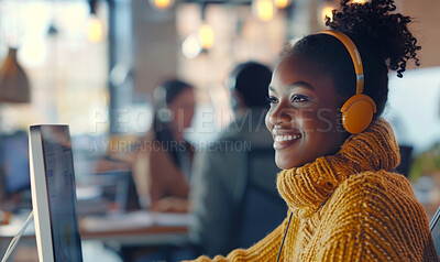 Woman, headset and working in office or telemarketer, callcenter agent or consultant in telesales. Computer, career in telemarketing in customer support, communication service or operator in business