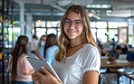 Smile, tablet and portrait of student at university with research for assignment, test or exam. Happy, confident and young woman with digital technology studying for degree at college campus.