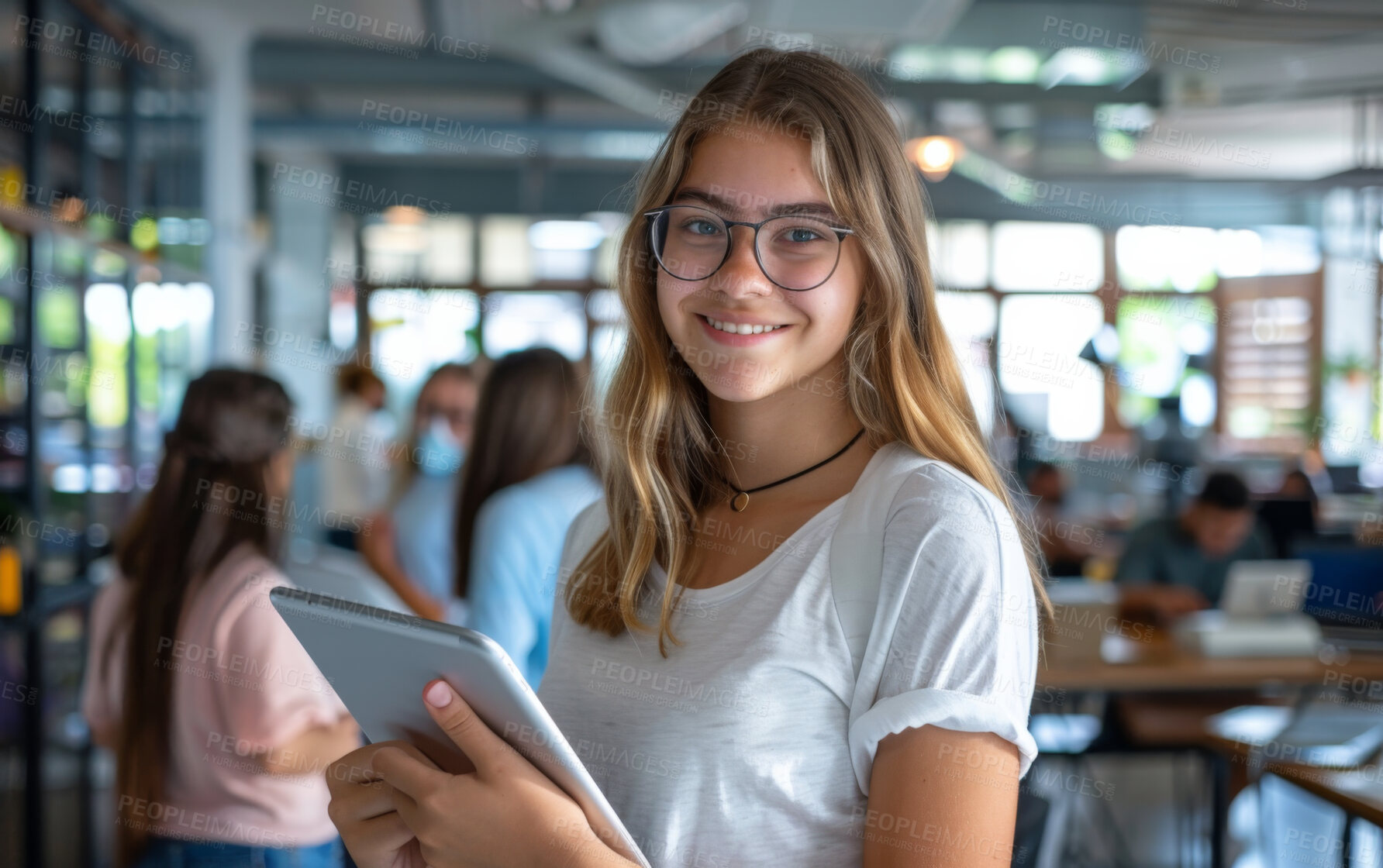 Buy stock photo Smile, tablet and portrait of student at university with research for assignment, test or exam. Happy, confident and young woman with digital technology studying for degree at college campus.