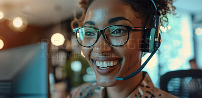 Woman, headset and office portrait for telemarketer, callcenter agent or consultant in workspace for telesales. Smile, career and telemarketing in customer support, communication service in business