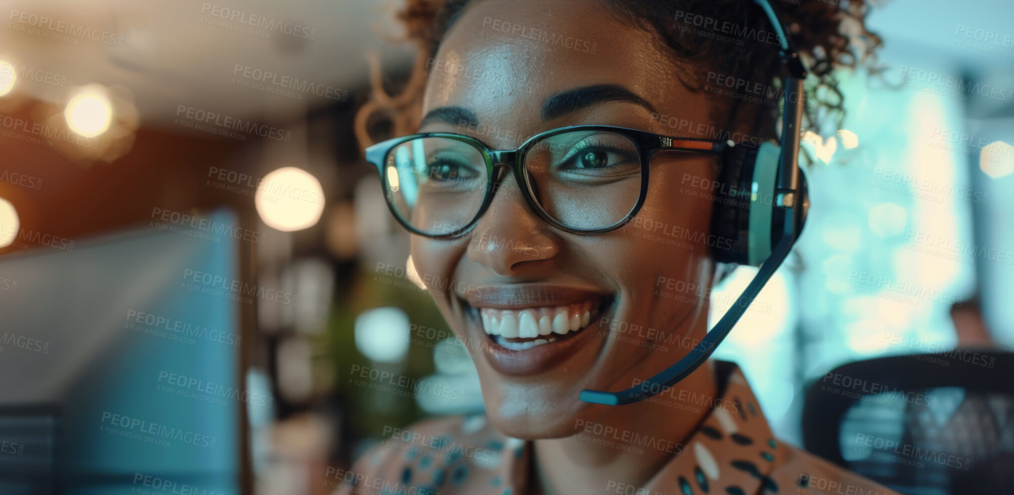 Buy stock photo Woman, headset and office portrait for telemarketer, callcenter agent or consultant in workspace for telesales. Smile, career and telemarketing in customer support, communication service in business