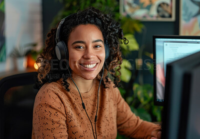Black woman, portrait and headphones at computer for research as programmer, developer or coding. Female person, face and home office for remote work or cybersecurity, information or data analytics