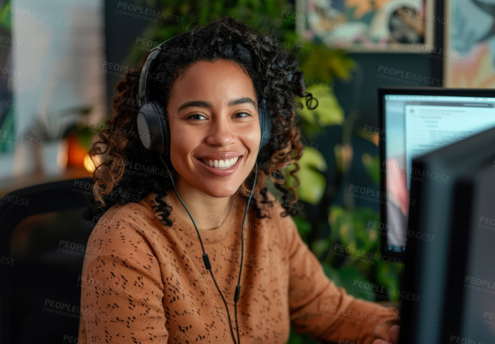 Buy stock photo Black woman, portrait and headphones at computer for research as programmer, developer or coding. Female person, face and home office for remote work or cybersecurity, information or data analytics