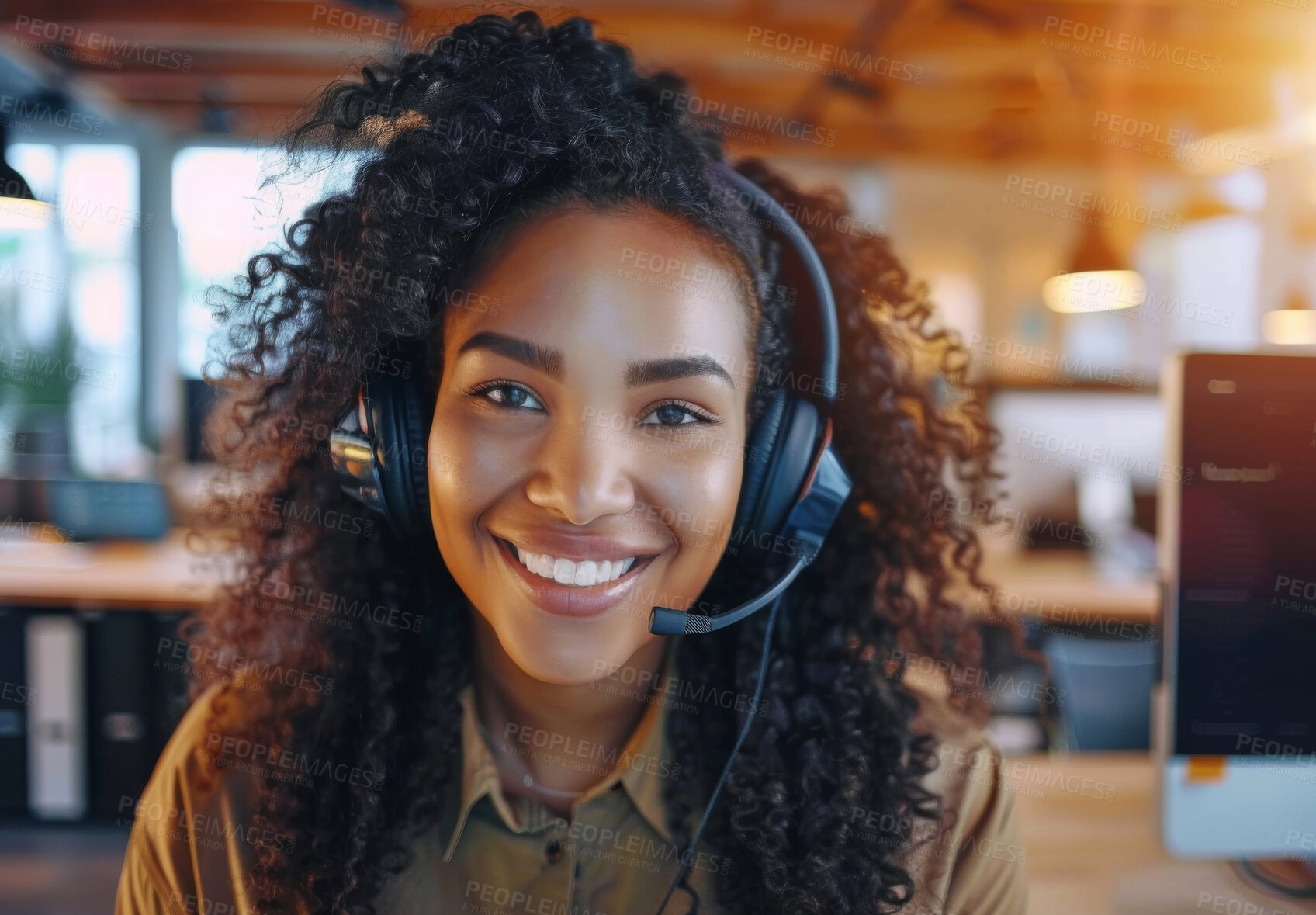 Buy stock photo Tech support, portrait and woman with headset, smile and sales consultant in customer service agency. Help desk, telecom and happy face of virtual assistant at callcenter for crm solution in office