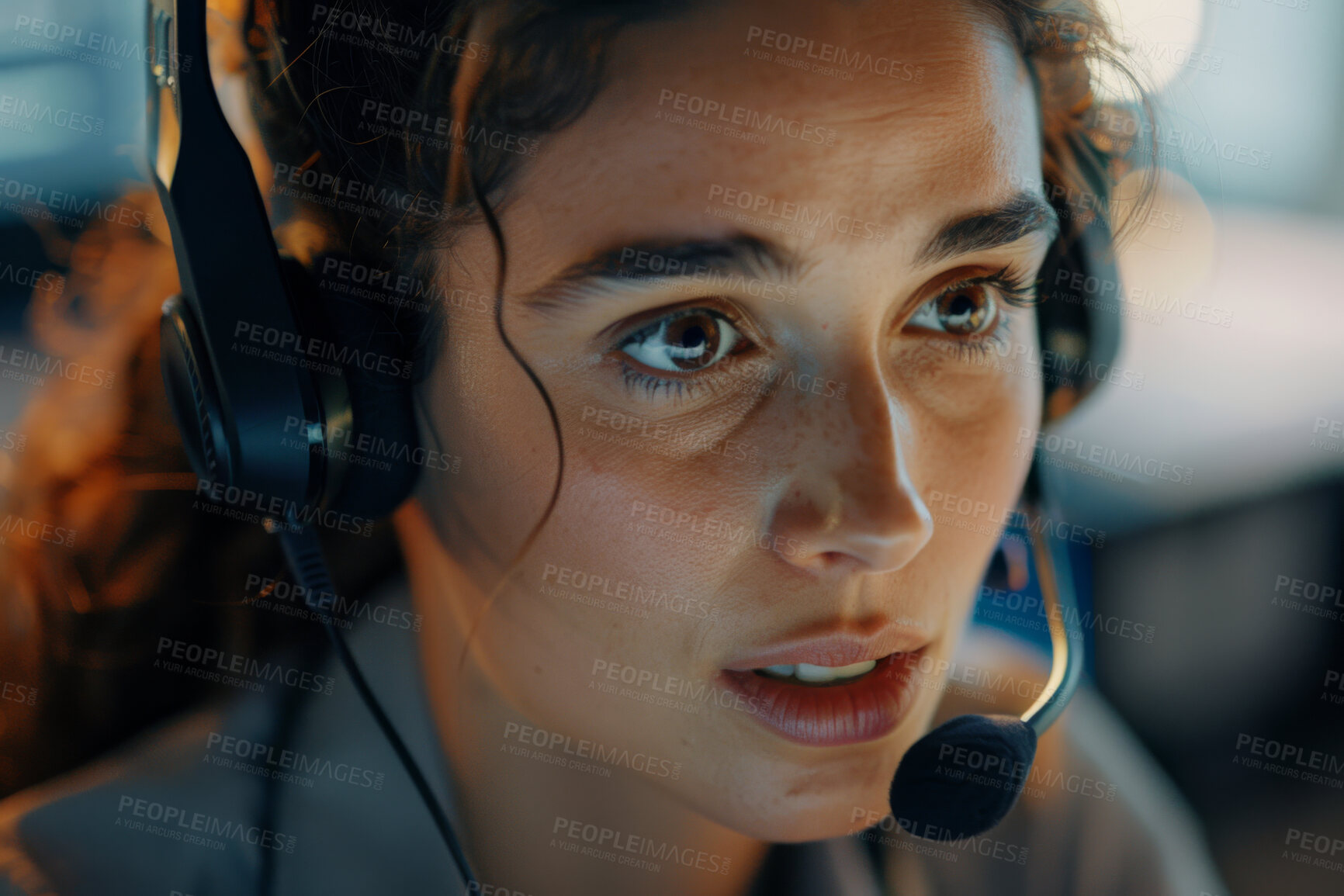 Buy stock photo Woman, headset and telemarketing at call centre for customer service, agent or consultation. Female person, mic and technical support on hotline as representative for communication, agency or virtual