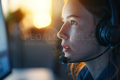 Customer service, headset and woman in office at night for crm, call center or online consultation. Overtime, telemarketing and female technical support consultant working on computer in workplace.