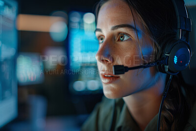 Call center, headset and woman in office at night for crm, customer service or online consultation. Overtime, telemarketing and female technical support consultant working on computer in workplace.
