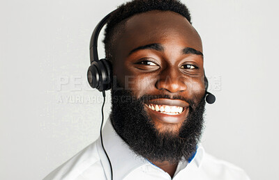 Black man, portrait and happy at call center for telecom, CRM and contact voter registration help desk agent on white background. Technical support, advice and customer service with voting helpline