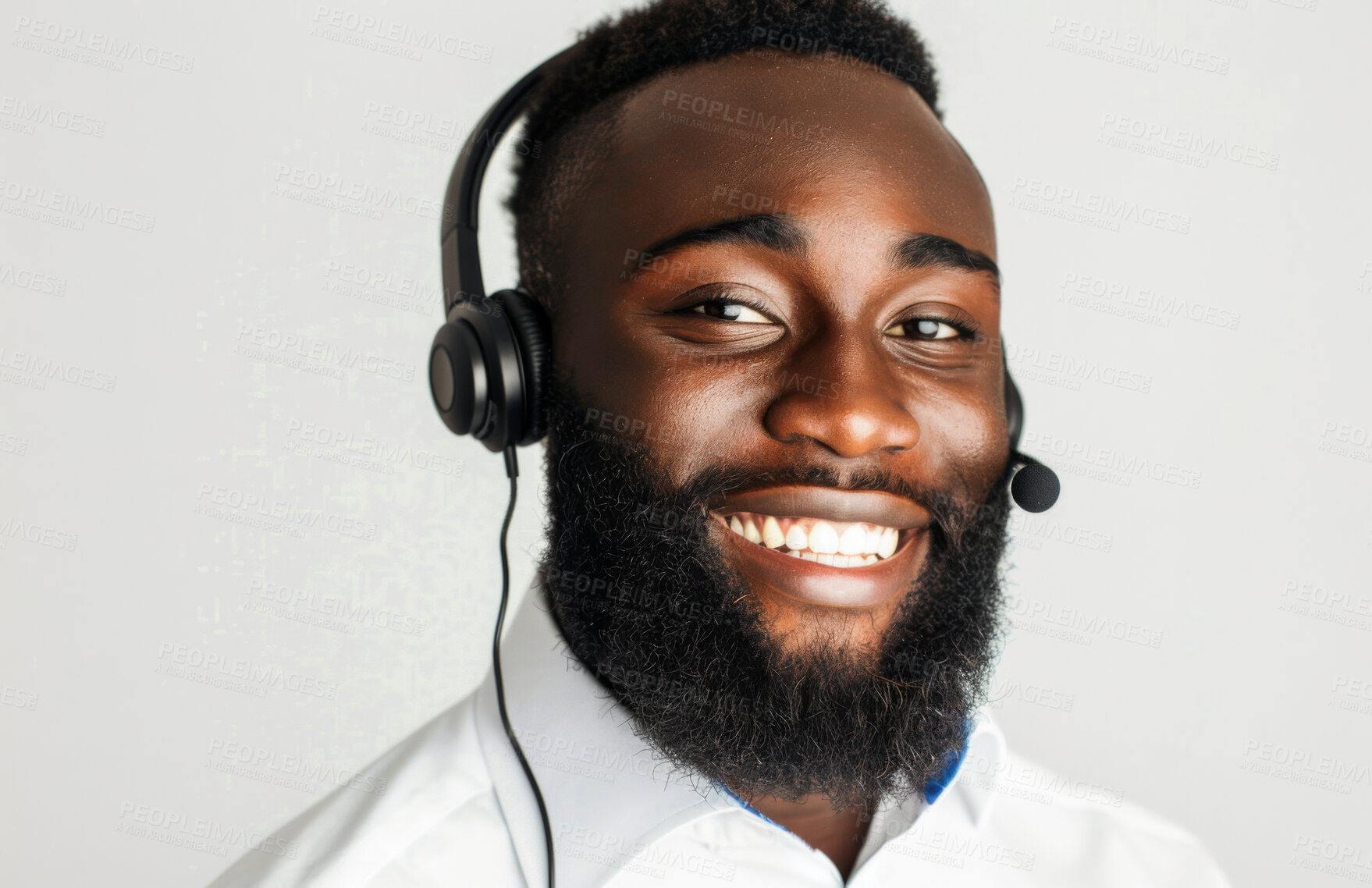 Buy stock photo Black man, portrait and happy at call center for telecom, CRM and contact voter registration help desk agent on white background. Technical support, advice and customer service with voting helpline 