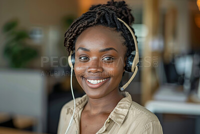 Call center, portrait and black woman consultant in office for crm, contact us or online consultation. Smile, headset and African female technical support, customer service or telemarketing agent.