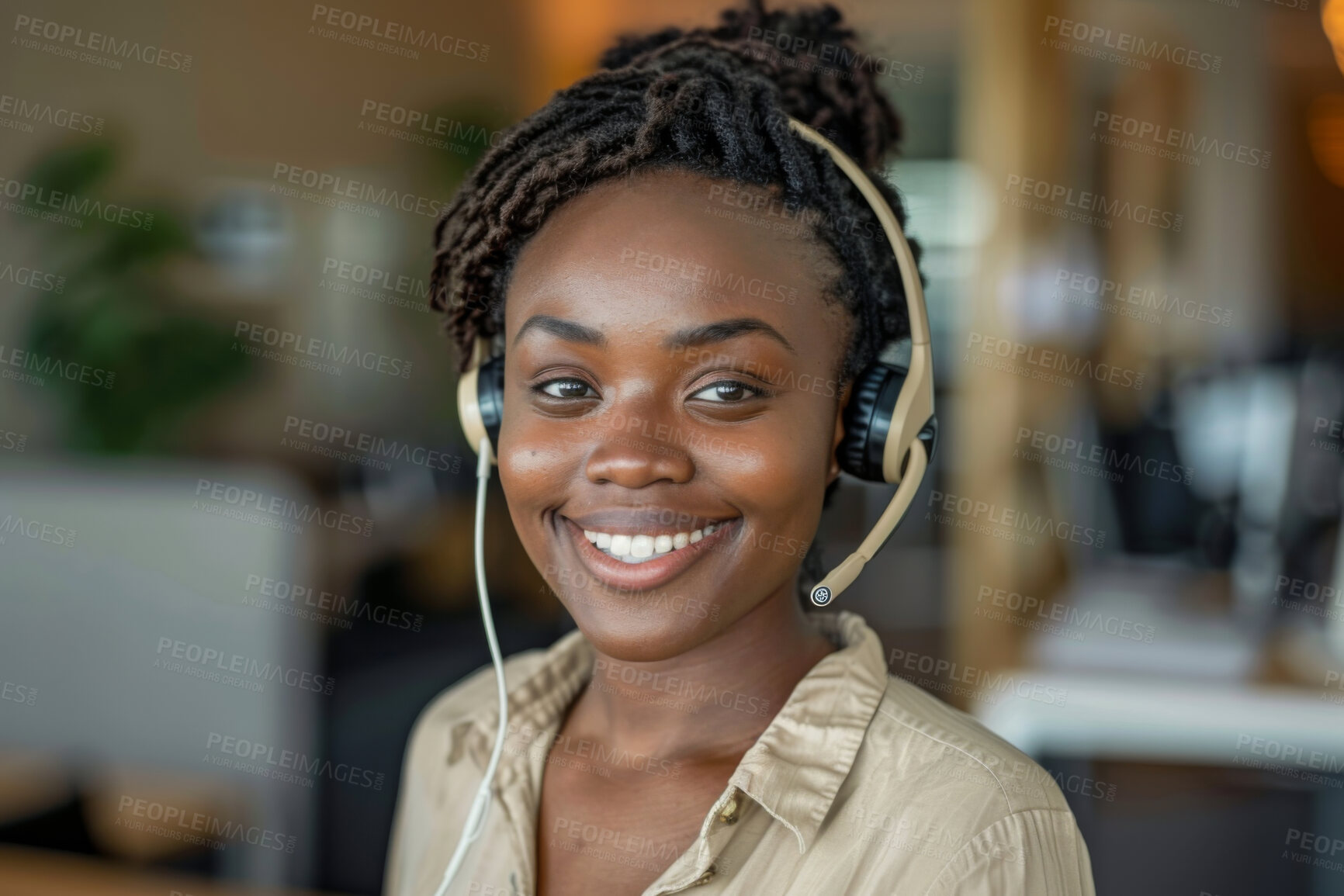 Buy stock photo Call center, portrait and black woman consultant in office for crm, contact us or online consultation. Smile, headset and African female technical support, customer service or telemarketing agent.