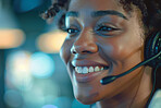 Woman, face closeup and mic for callcenter with telecom, CRM and contact voter registration help desk agent. Tech support, advice and African American customer service consultant with voting helpline