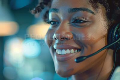 Woman, face closeup and mic for callcenter with telecom, CRM and contact voter registration help desk agent. Tech support, advice and African American customer service consultant with voting helpline