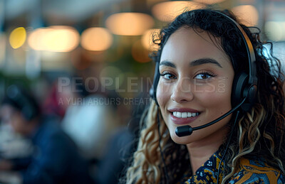 Help desk, portrait and woman with headset, smile and consultant in customer service agency. Tech support, telecom and happy face of virtual assistant at desk at callcenter for crm solution in office