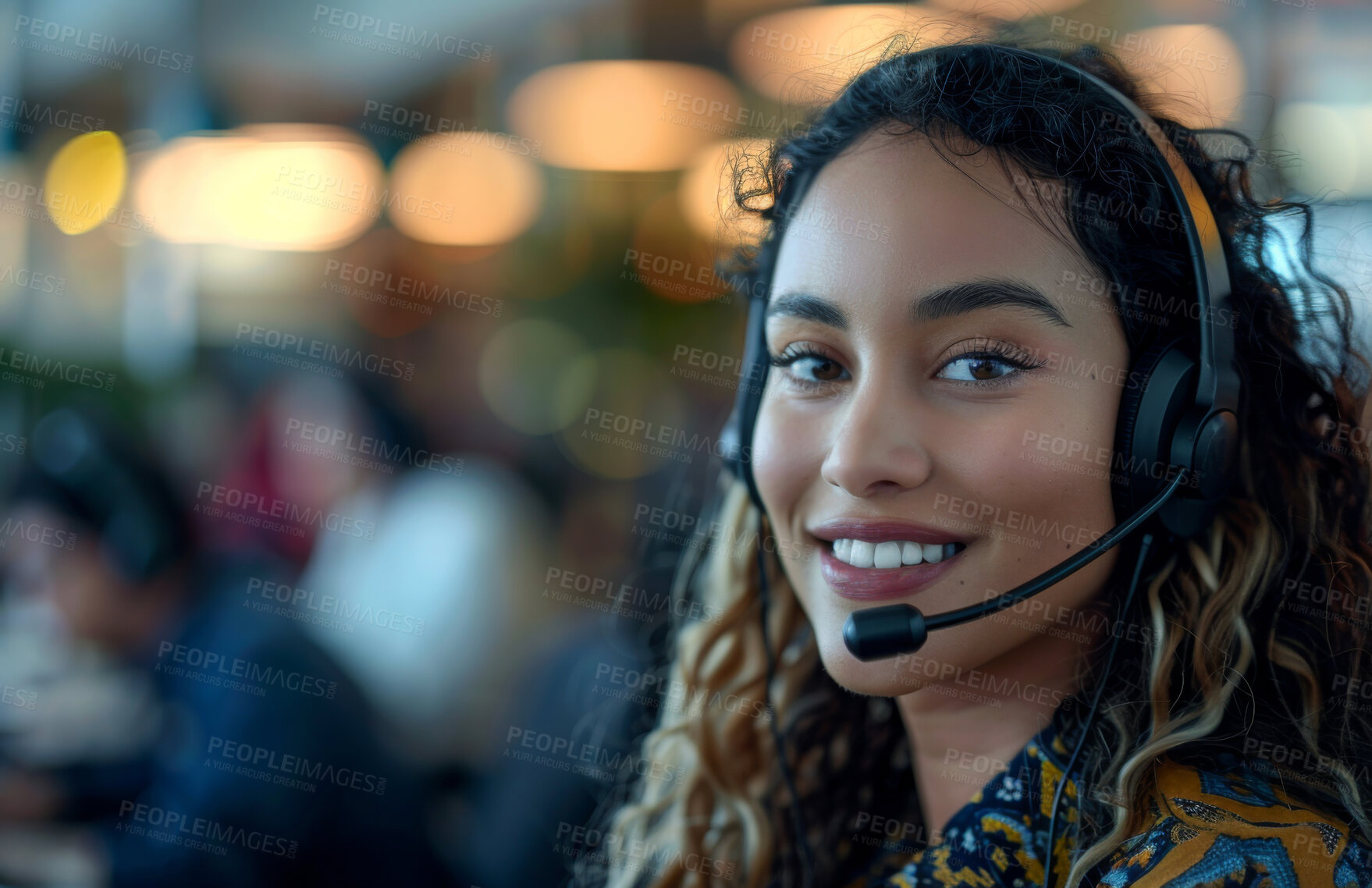 Buy stock photo Help desk, portrait and woman with headset, smile and consultant in customer service agency. Tech support, telecom and happy face of virtual assistant at desk at callcenter for crm solution in office