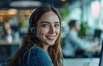 Tech support, portrait and happy woman with headset, smile and sales consultant in customer service agency. Help desk, telecom and face of virtual assistant at callcenter for crm solution in office