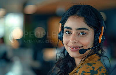 Businesswoman, headset and call centre or agent portrait, professional or consultant in workspace for telesales. Smile, career and telemarketing in customer support, communication service in business