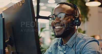 Man, headset and call centre in office, telemarketer or consultant agent in workspace for telesales. Happy, career and telemarketing and customer support, communication service with computer
