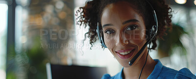 Tech support, portrait and woman with headset, telesales and consultant in customer service agency. Help desk, telecom and happy face of virtual assistant at callcenter for crm solution in office