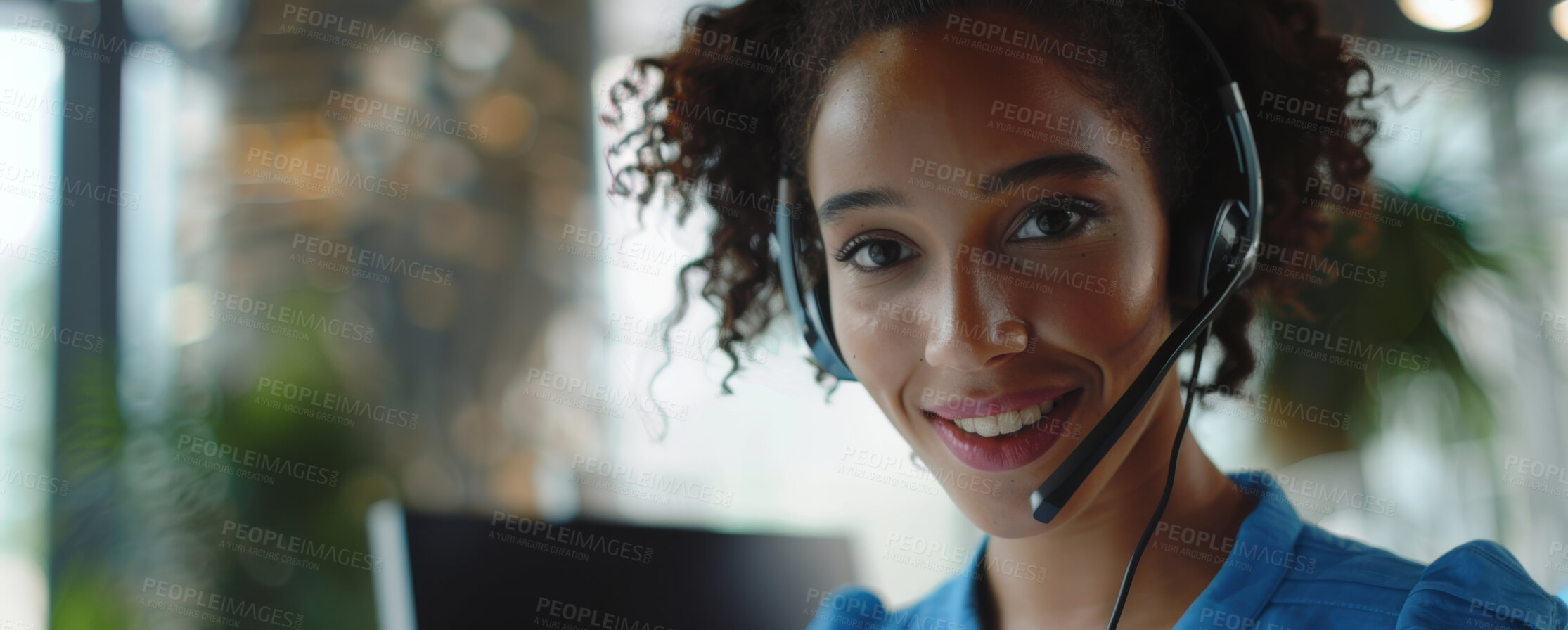 Buy stock photo Tech support, portrait and woman with headset, telesales and consultant in customer service agency. Help desk, telecom and happy face of virtual assistant at callcenter for crm solution in office