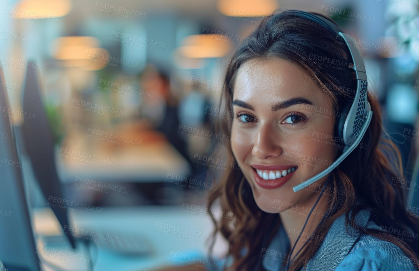 Buy stock photo Customer service, portrait and woman with headset, smile and consultant in tech support agency. Help desk, telecom and happy face of virtual assistant at desk at callcenter for crm solution in office