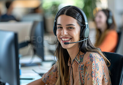 Woman, headset and office portrait in call centre, technology and agent or consultant in workspace for telesales. Career, telemarketing in customer support, telemarketer or communication service