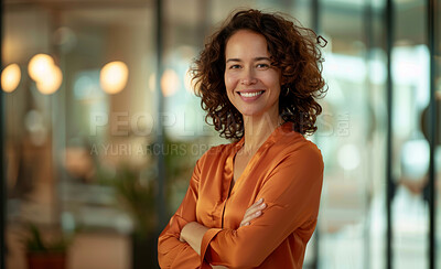 Company, office and portrait of woman with arms crossed for pride, career and job at workplace. Creative director, smile and face with happiness for design agency, joy and positivity at business