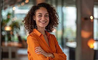Business, office and portrait of woman with arms crossed for career, pride and job at workplace. Creative director, smile and face with happiness for joy, design agency and positivity at company