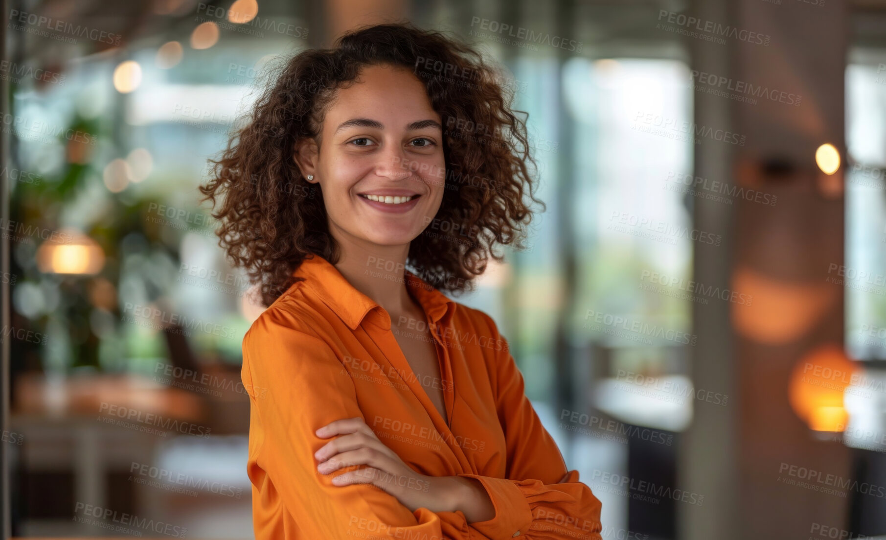 Buy stock photo Business, office and portrait of woman with arms crossed for career, pride and job at workplace. Creative director, smile and face with happiness for joy, design agency and positivity at company