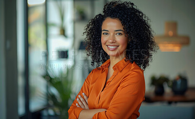 Company, work and portrait of woman with arms crossed for pride, career or joy in creative agency. Graphic designer, happy and face with smile for job, confidence and positivity at business