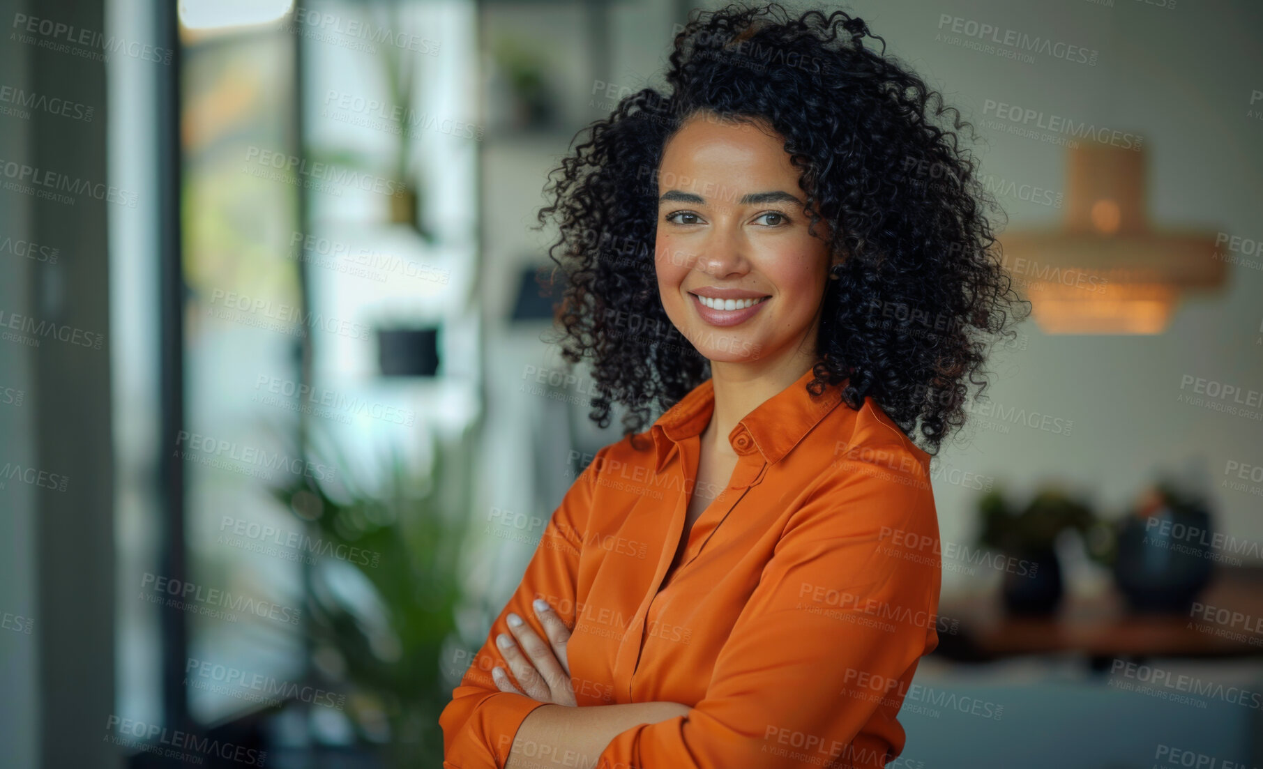 Buy stock photo Company, work and portrait of woman with arms crossed for  pride, career or joy in creative agency. Graphic designer, happy and face with smile for job, confidence and positivity at business