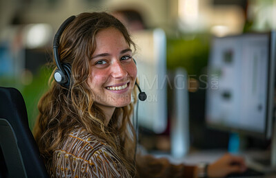 Tech support, portrait and happy woman with headset, computer or sales consultant in customer service agency. Help desk, telecom and face of virtual assistant at callcenter for crm solution in office