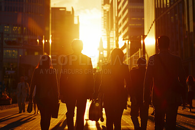 People, silhouette and walking in city by sunset for work, job and commute before night. Crowd, urban and travelling in street by foot for lack of transport, careers and buildings in New York