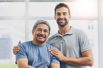 Buy stock photo Physiotherapist, senior man and portrait for support, elderly care and wellness for health or fitness. Pensioner, male person and medic for appointment, rehabilitation clinic or retirement home