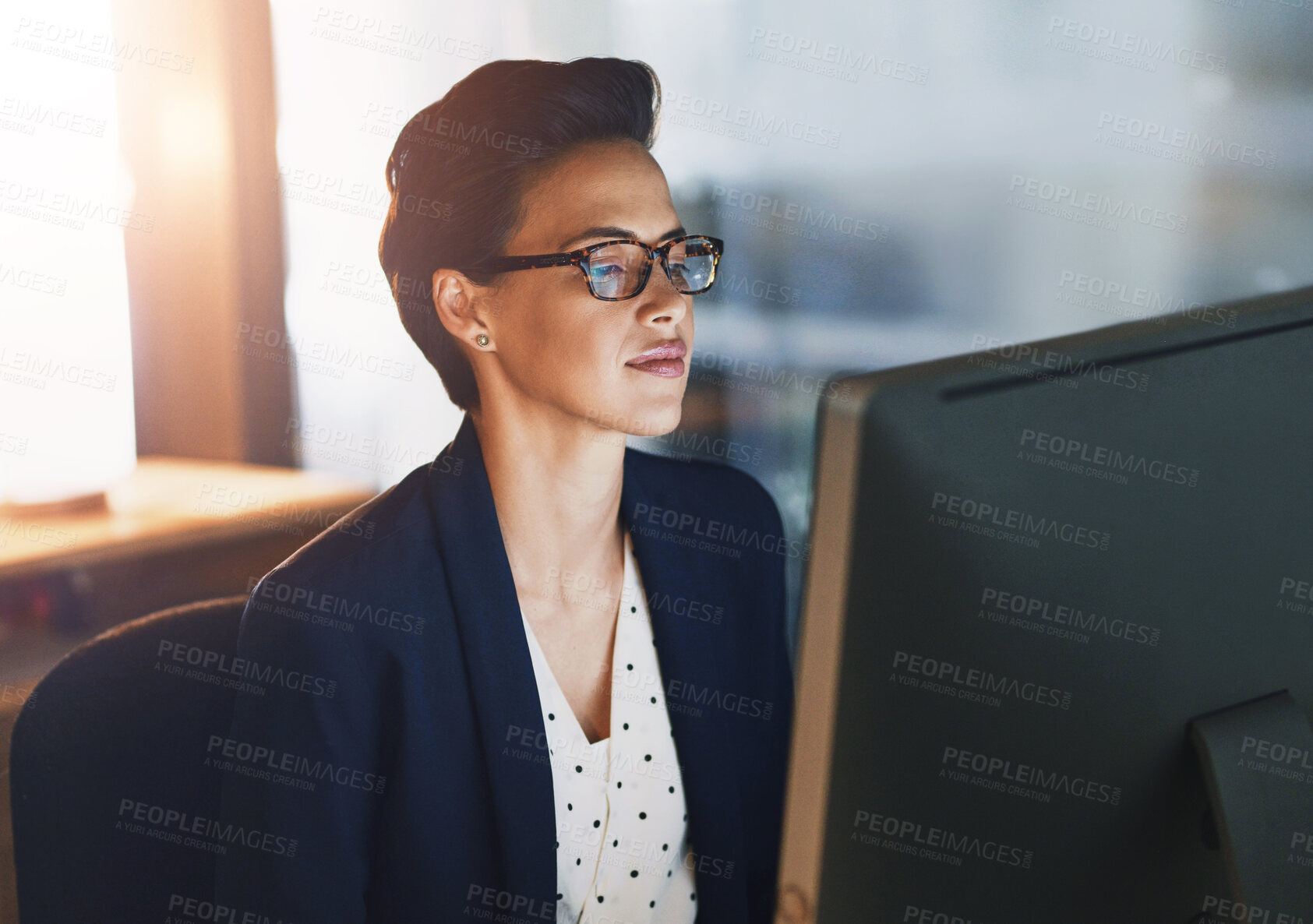 Buy stock photo Computer, glasses and woman in office at night working overtime on investment risk report deadline. Technology, finance career and female actuary with data analysis on desktop for wealth management.