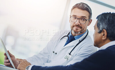 Buy stock photo Doctor, men and tablet for consultation or checkup in clinic, talking and treatment for healthcare. Mature specialist, speaking and medical records for senior patient diagnosis, cardiology and help