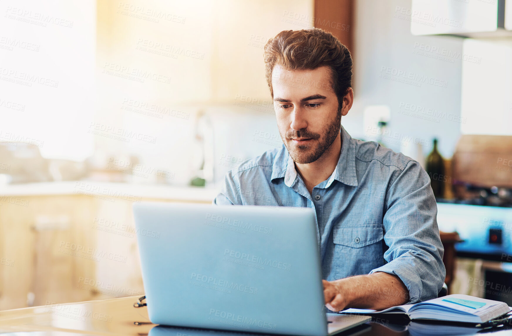 Buy stock photo Laptop, kitchen and man typing in home with notebook for research on stock exchange for investment. Computer, information and male trader with online financial market for asset purchase in house.
