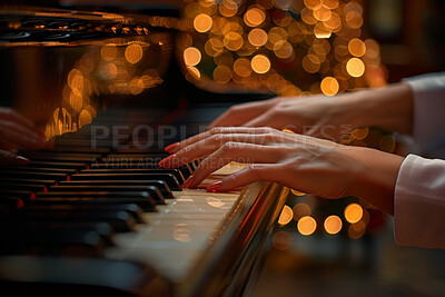 Hands, piano and playing in closeup with bokeh for classical music with person for skill or talent. Cafe, night and working with creative in job with performance for people with musician for audio