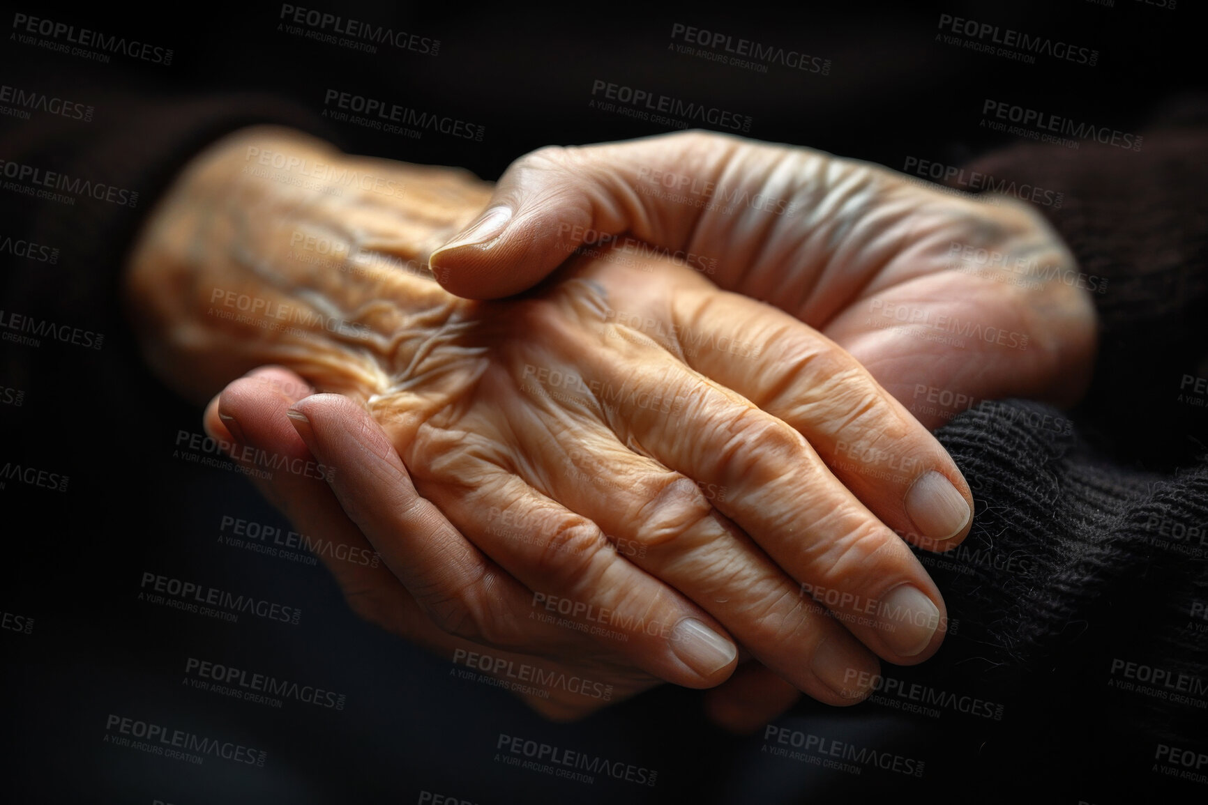 Buy stock photo Senior, hand and touch for empathy, trust and commitment for healing, helping and counselling with care. Nursing home, couple and elderly people with respect, love and kindness in retirement together